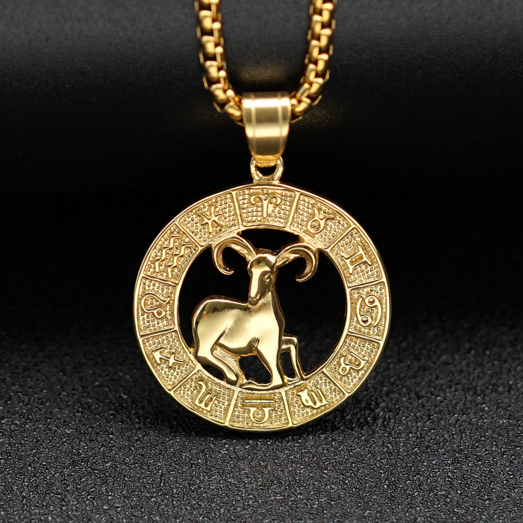 European And American Cross-border Trend Explosions Fashion Retro Titanium Steel Hollow Twelve Constellation Relief Pendant Couple Necklace