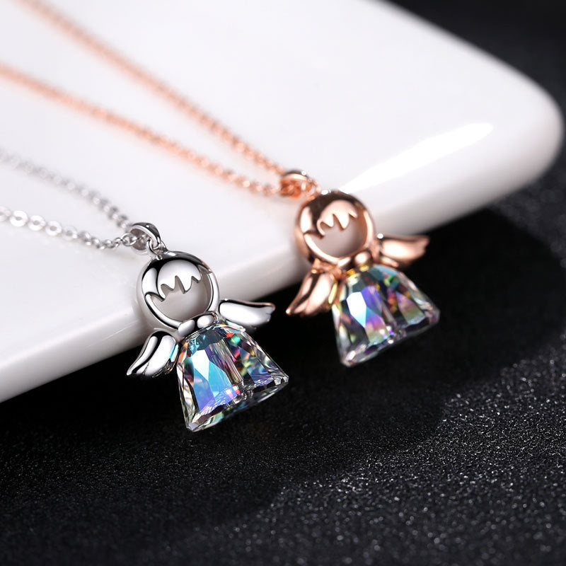 S925 Sterling Silver Jewelry Angel Necklace Female Niche Design All-match Austrian Crystal Skirt Woolen Chain Pendant