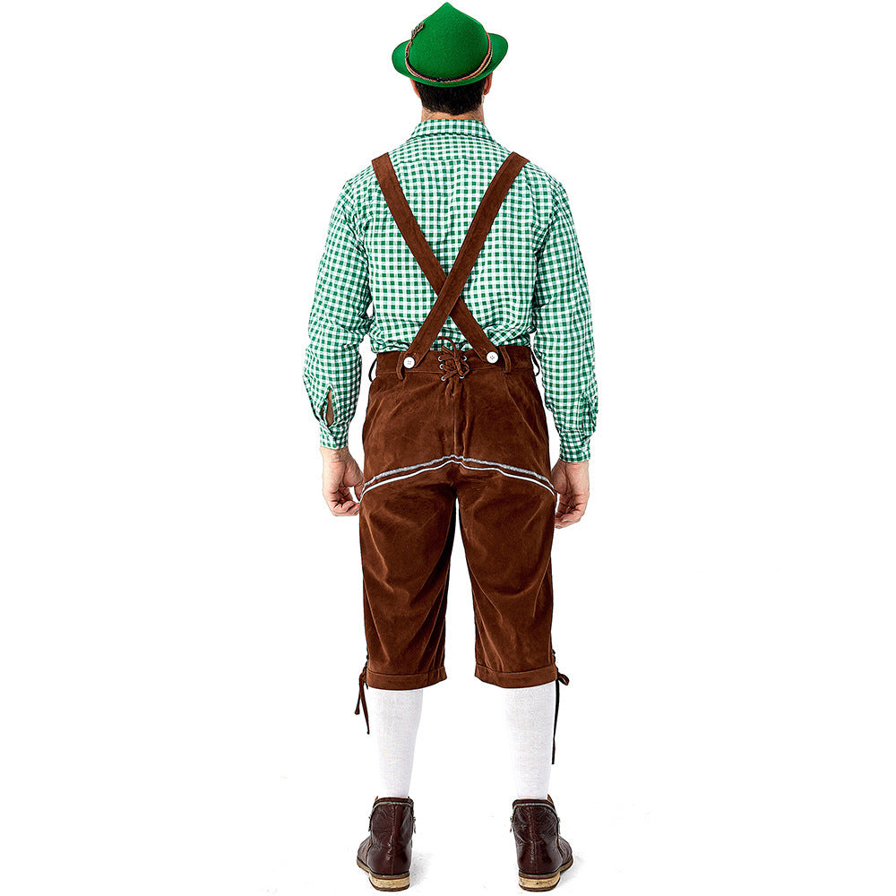 Amazon German Traditional Men's Oktoberfest Clothing Plaid Shirt Embroidered Overalls With Hat Set