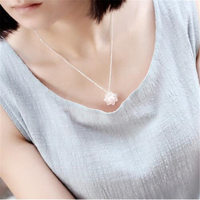 925 Sterling Silver Necklace Women Fashion Ethnic White Lotus Necklace Pendant Bead Pearl Flower Necklace Women