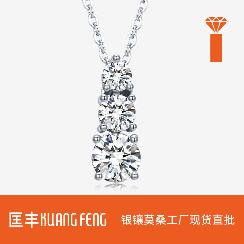 Foreign Trade Best-Selling New Asymmetrical Three-Stone Pendant Geometric Round Moissanite Inlaid Personalized Lady Clavicle Chain