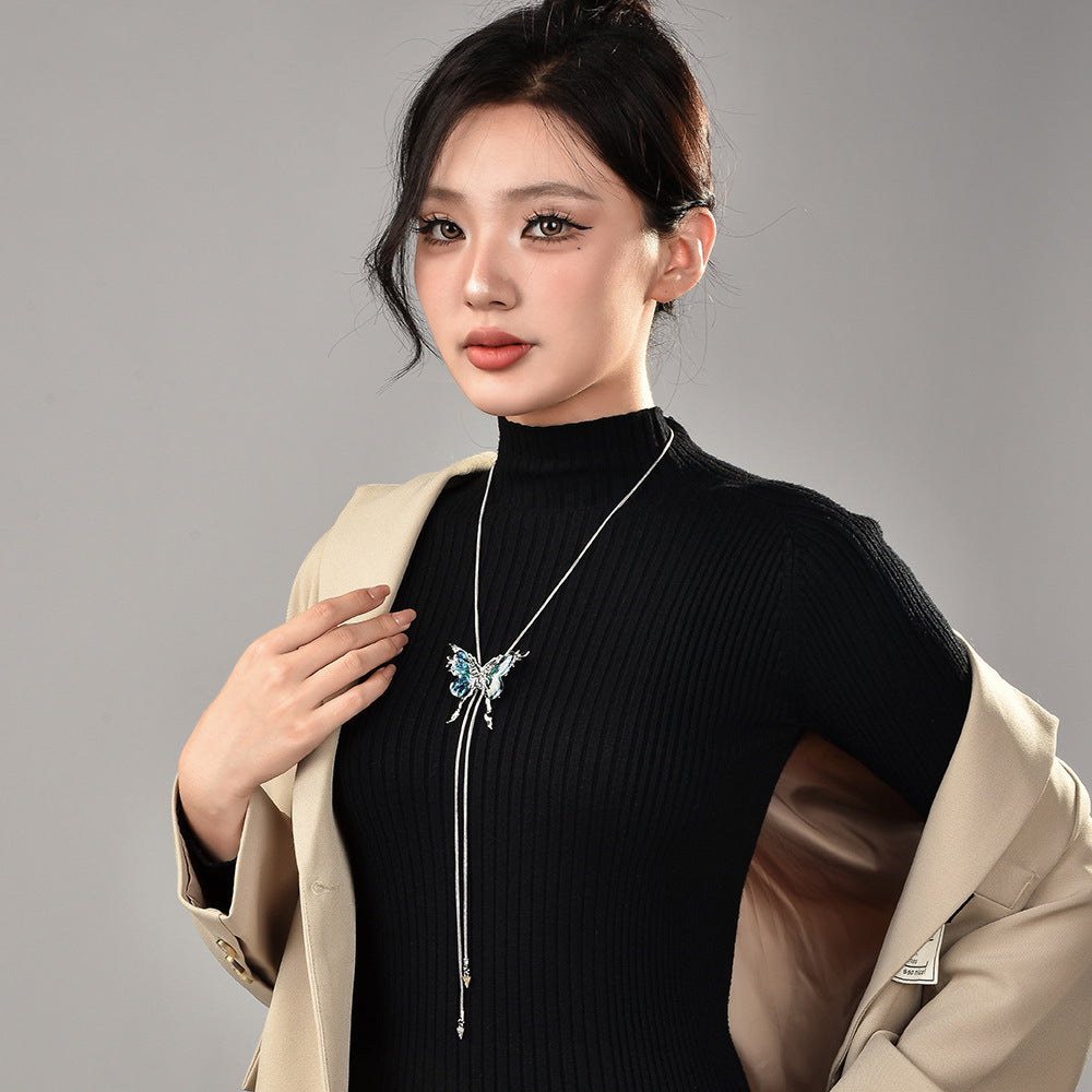 Blue Butterfly Tassel Necklace Replaceable Butterfly Piece Classy Pull Adjustable Fashionable Sweater Chain