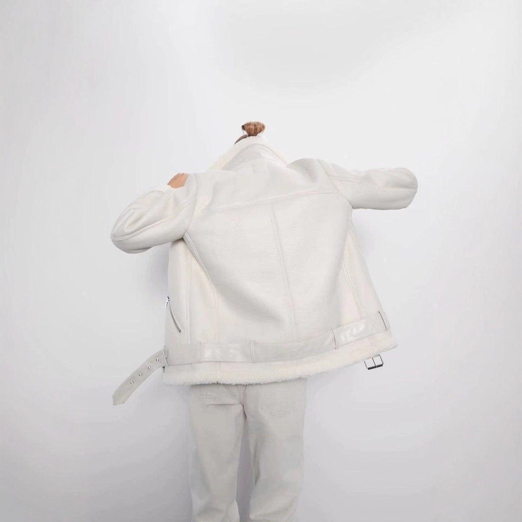 Winter Fashion Fur-Lined Thickened Lapel Long-Sleeve Diagonal Zipper Belt Women's Leather Jacket