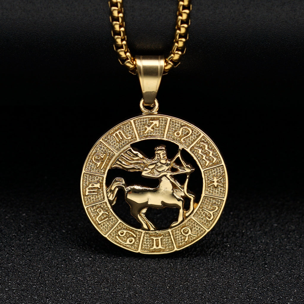 European And American Cross-border Trend Explosions Fashion Retro Titanium Steel Hollow Twelve Constellation Relief Pendant Couple Necklace