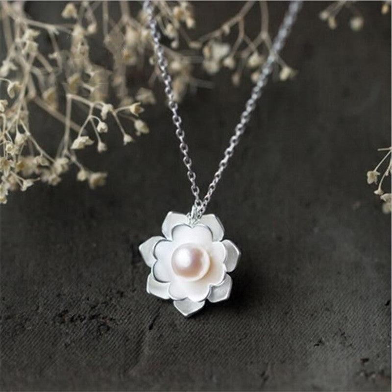 925 Sterling Silver Necklace Women Fashion Ethnic White Lotus Necklace Pendant Bead Pearl Flower Necklace Women