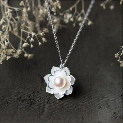 925 Sterling Silver Necklace Women Fashion Ethnic White Lotus Necklace Pendant Bead Pearl Flower Necklace Women