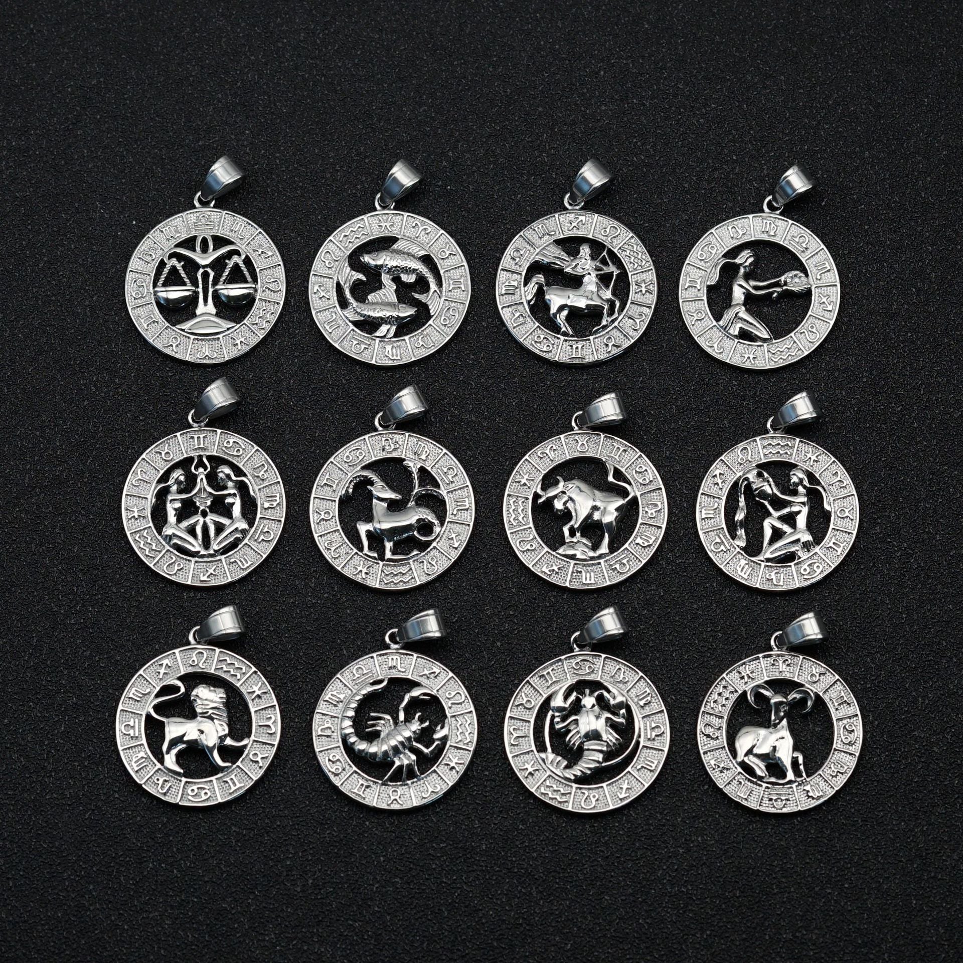 European And American Cross-border Trend Explosions Fashion Retro Titanium Steel Hollow Twelve Constellation Relief Pendant Couple Necklace