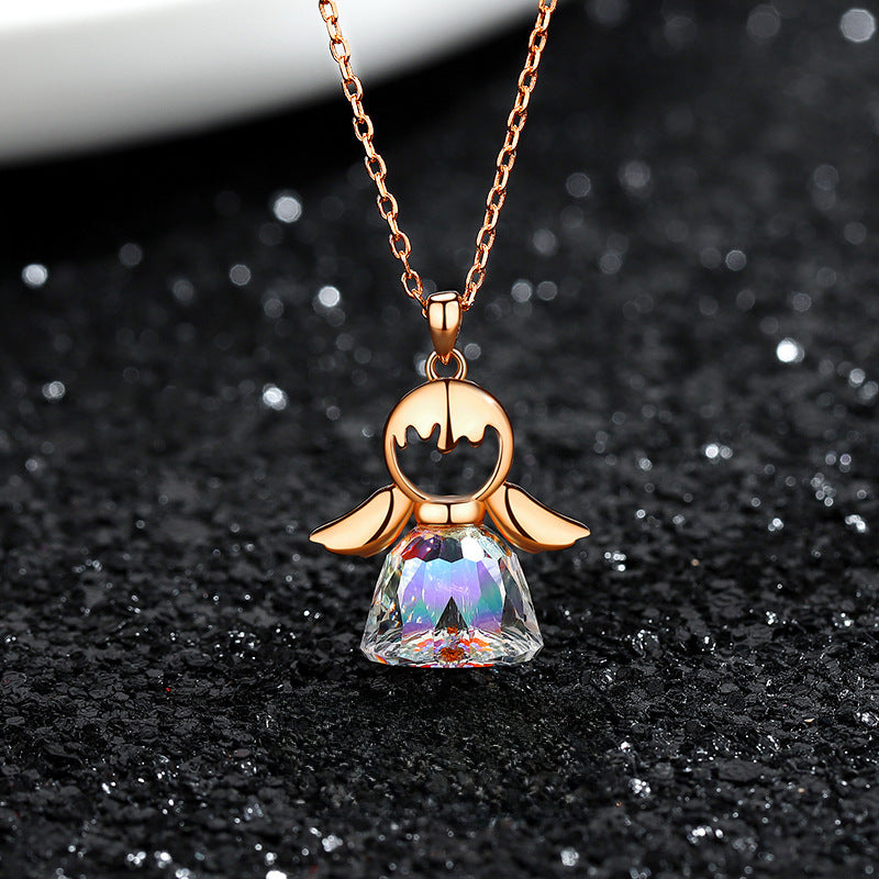 S925 Sterling Silver Jewelry Angel Necklace Female Niche Design All-match Austrian Crystal Skirt Woolen Chain Pendant