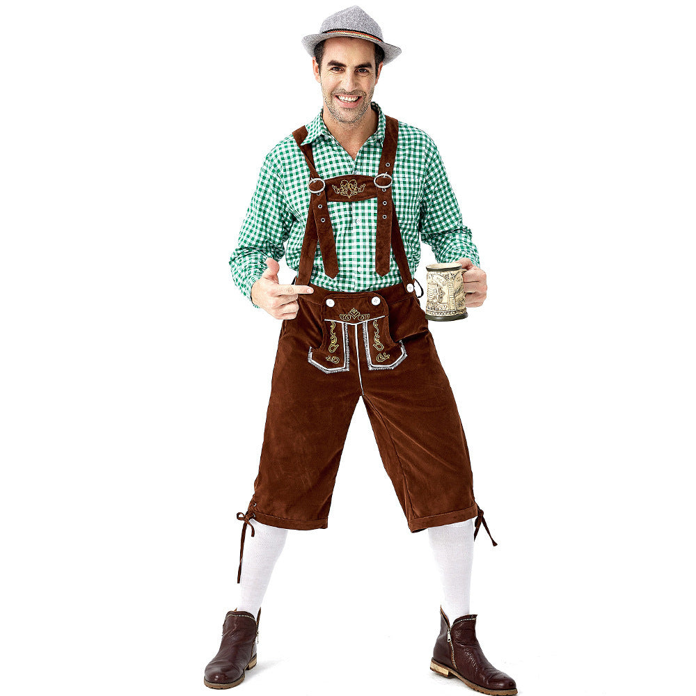 Amazon German Traditional Men's Oktoberfest Clothing Plaid Shirt Embroidered Overalls With Hat Set