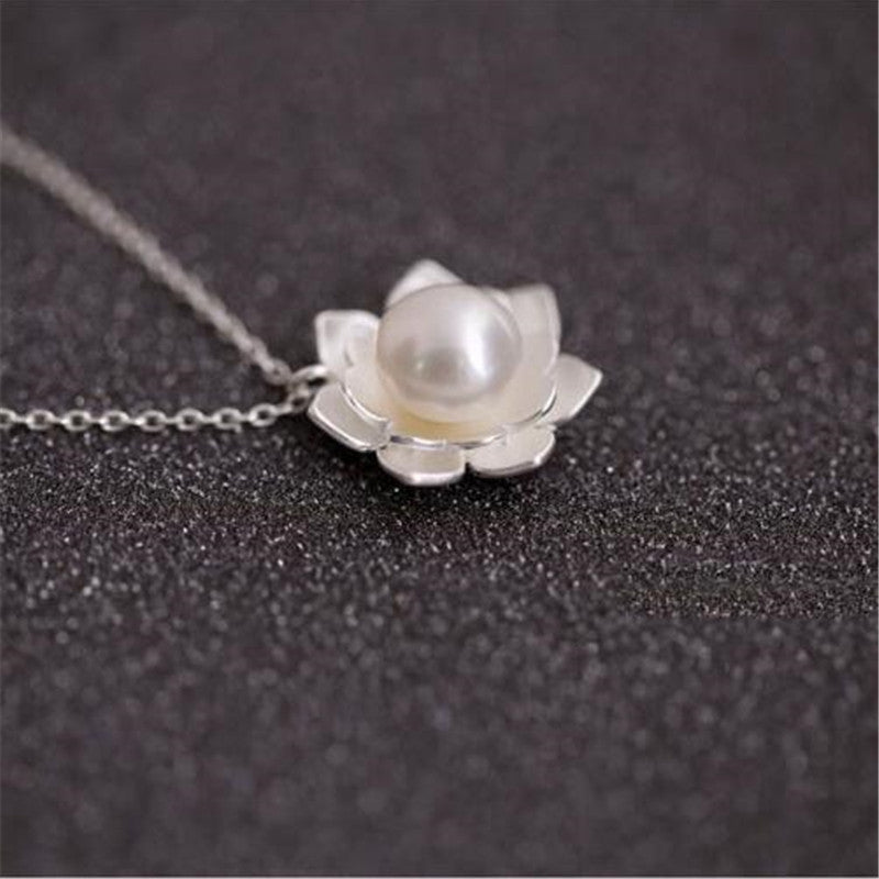 925 Sterling Silver Necklace Women Fashion Ethnic White Lotus Necklace Pendant Bead Pearl Flower Necklace Women