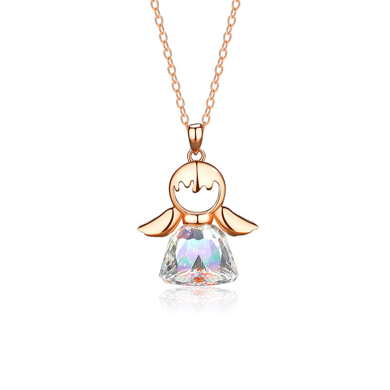 S925 Sterling Silver Jewelry Angel Necklace Female Niche Design All-match Austrian Crystal Skirt Woolen Chain Pendant