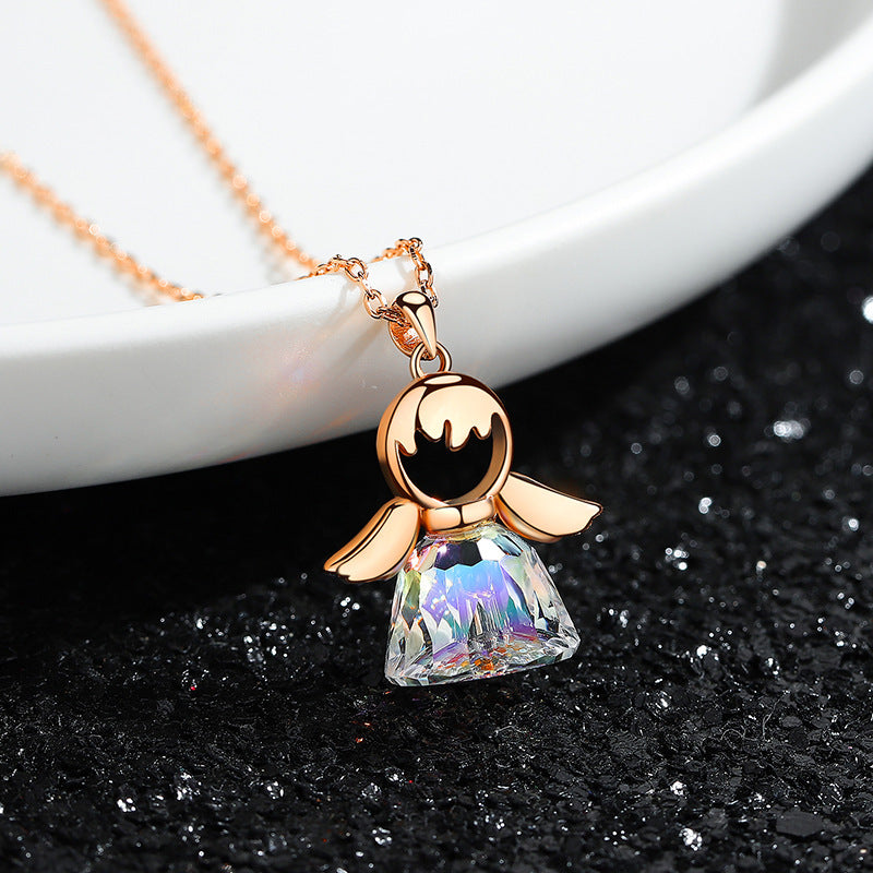 S925 Sterling Silver Jewelry Angel Necklace Female Niche Design All-match Austrian Crystal Skirt Woolen Chain Pendant