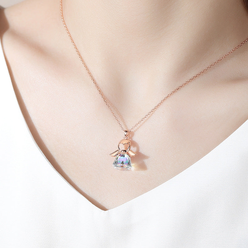 S925 Sterling Silver Jewelry Angel Necklace Female Niche Design All-match Austrian Crystal Skirt Woolen Chain Pendant