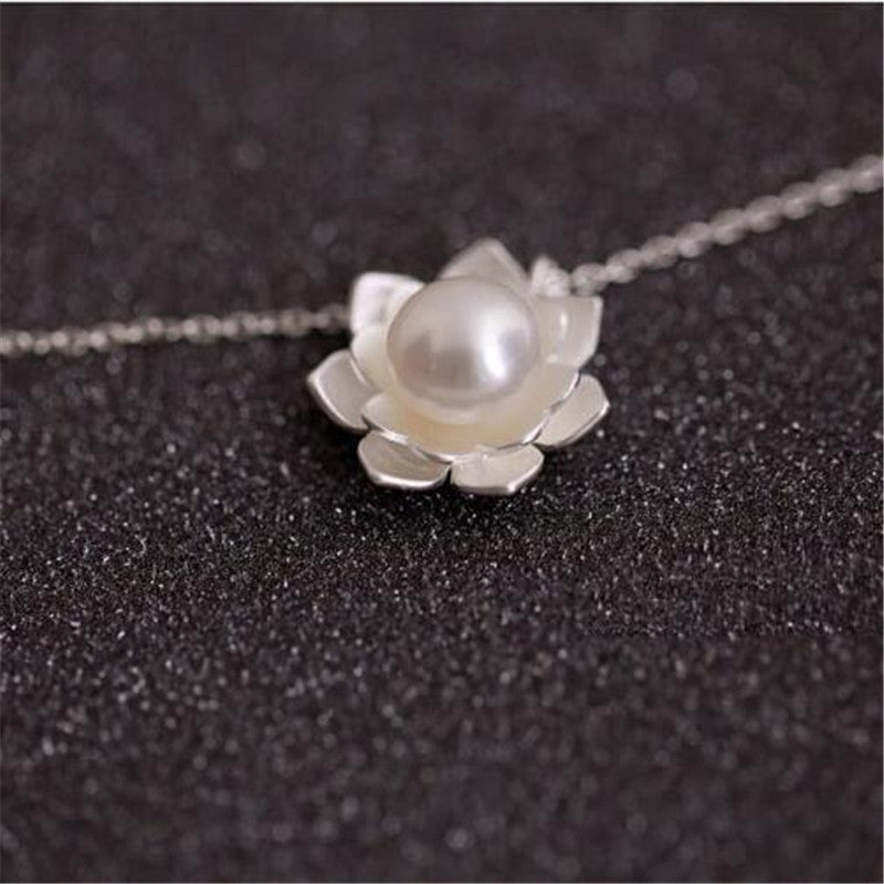 925 Sterling Silver Necklace Women Fashion Ethnic White Lotus Necklace Pendant Bead Pearl Flower Necklace Women