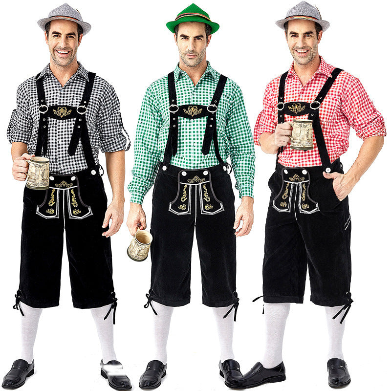 Amazon German Traditional Men's Oktoberfest Clothing Plaid Shirt Embroidered Overalls With Hat Set