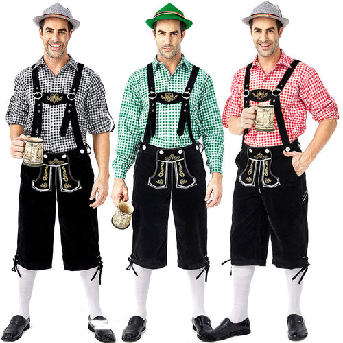Amazon German Traditional Men's Oktoberfest Clothing Plaid Shirt Embroidered Overalls With Hat Set