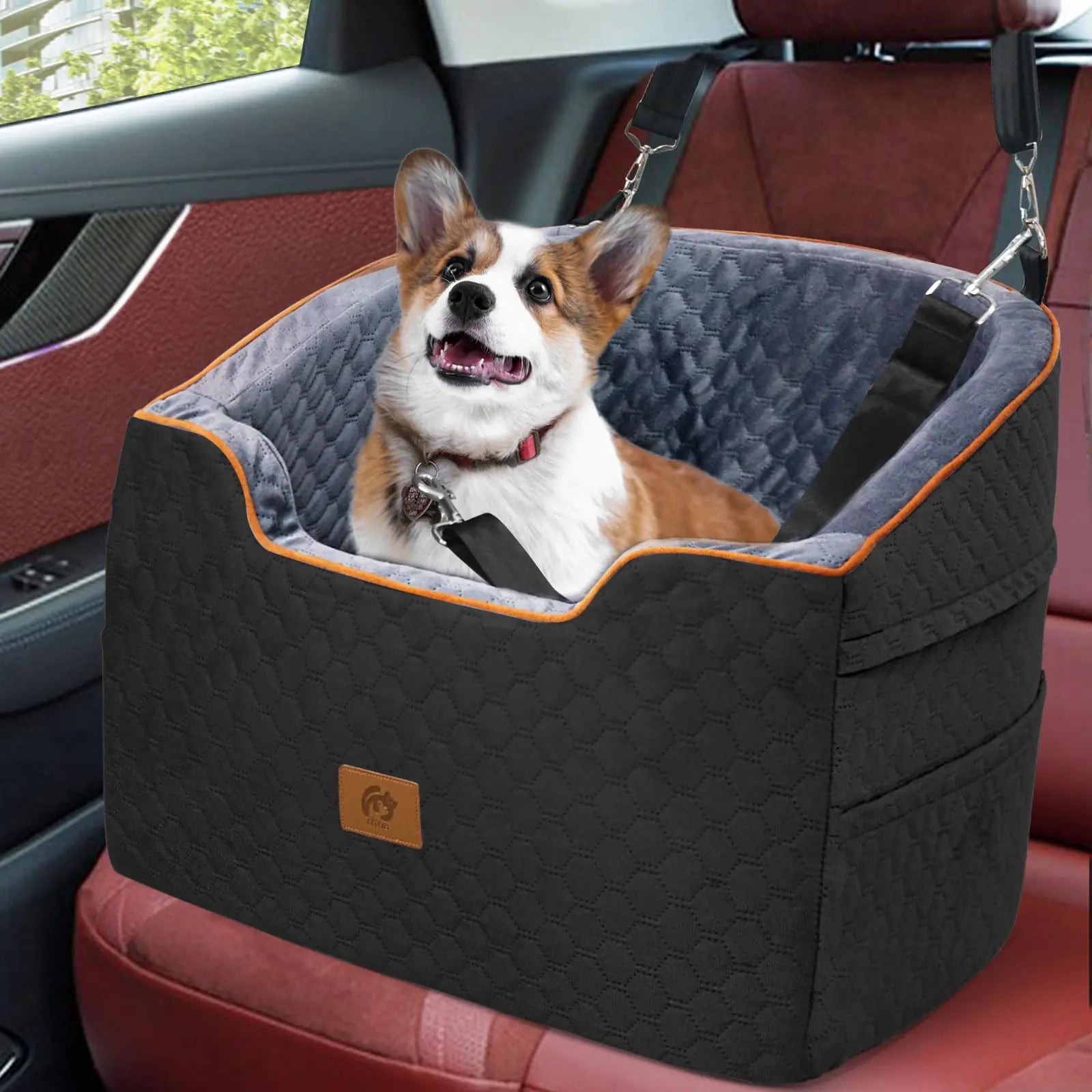 OTOB Memory Foam Dog Booster Car Seat for Small Medium Dogs Up to 37lbs Detachable Washable Dog Carseat Thick Cushion Puppy Car Seat Travel Bed with Storage Pockets and Adjustable Safety Belt