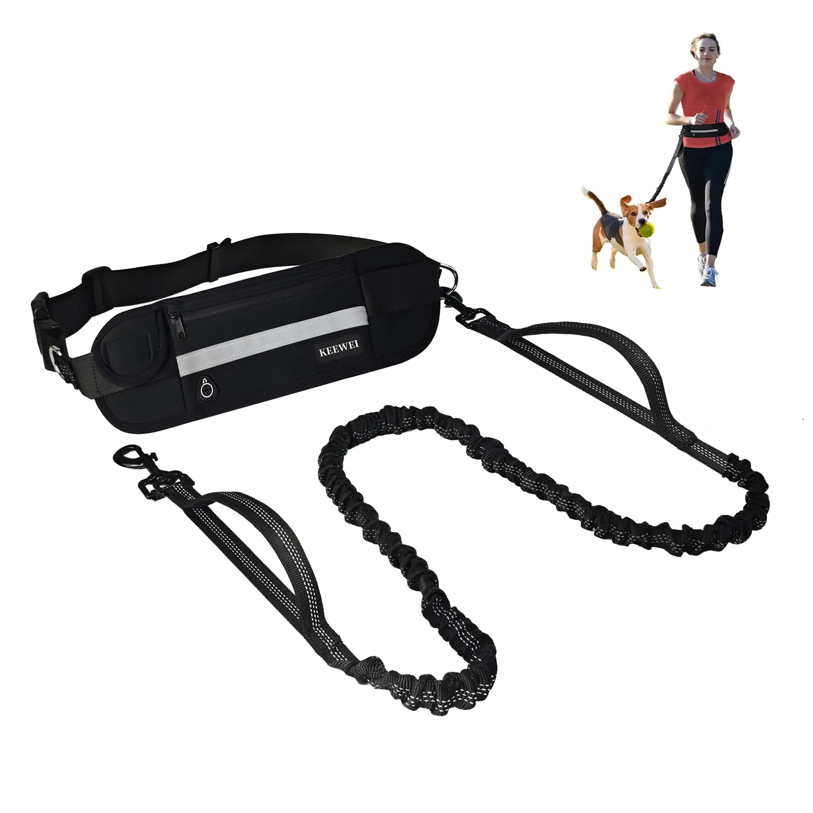 KEEWEI Hands Free Dog Leash with Zipper Pouch Dual Padded Handle Dog Waist Belt Retractable Bungee Leash with Reflective Stictches for Small & Medium Dog Running Walking Jogging Training Black