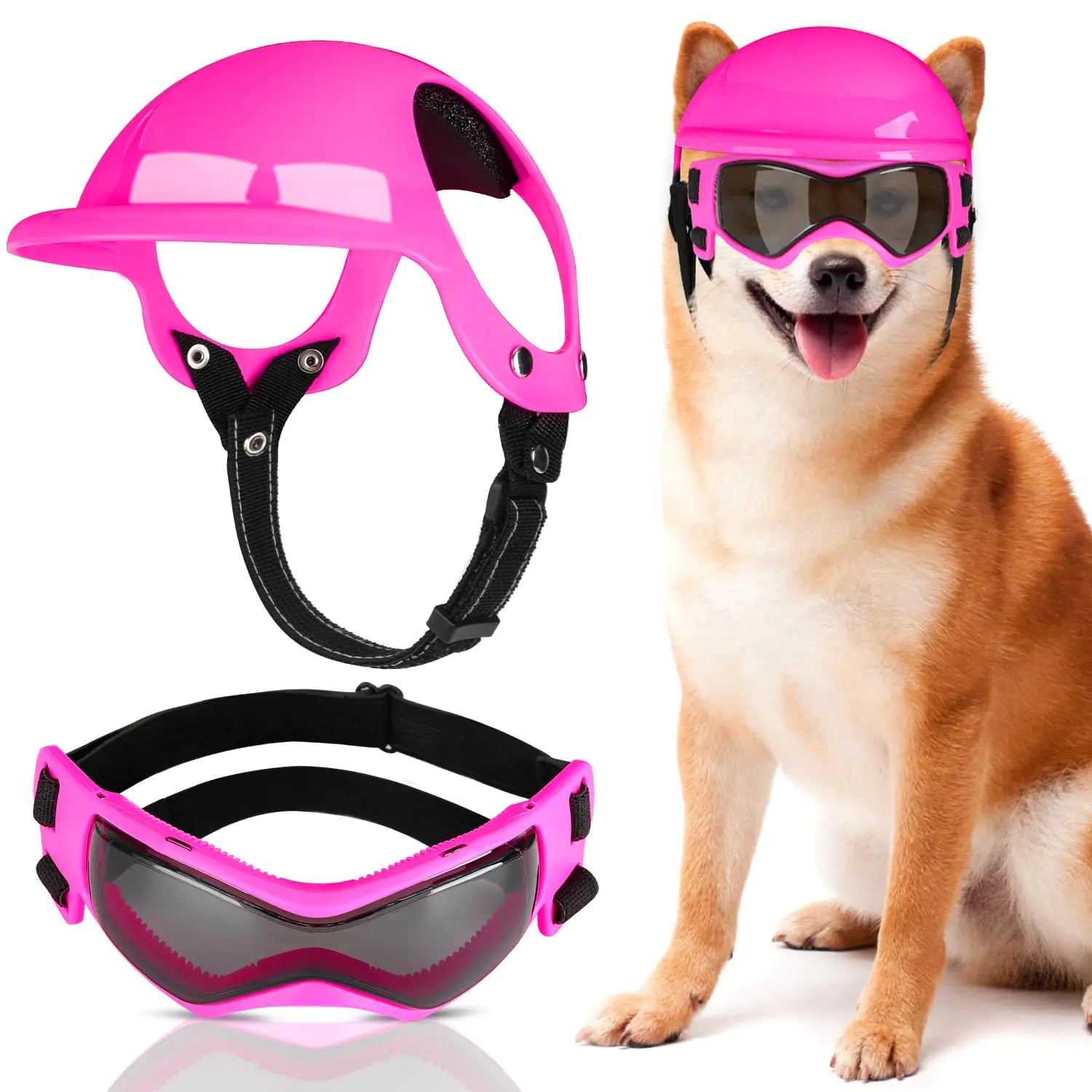 SlowTon Dog Helmet and Goggles - UV Protection Doggy Sunglasses Dog Glasses Pet Motorcycle Helmet Hat with Ear Holes Adjustable Belt Safety Hat for Small Medium Large Dogs Puppy Riding (Pink M)