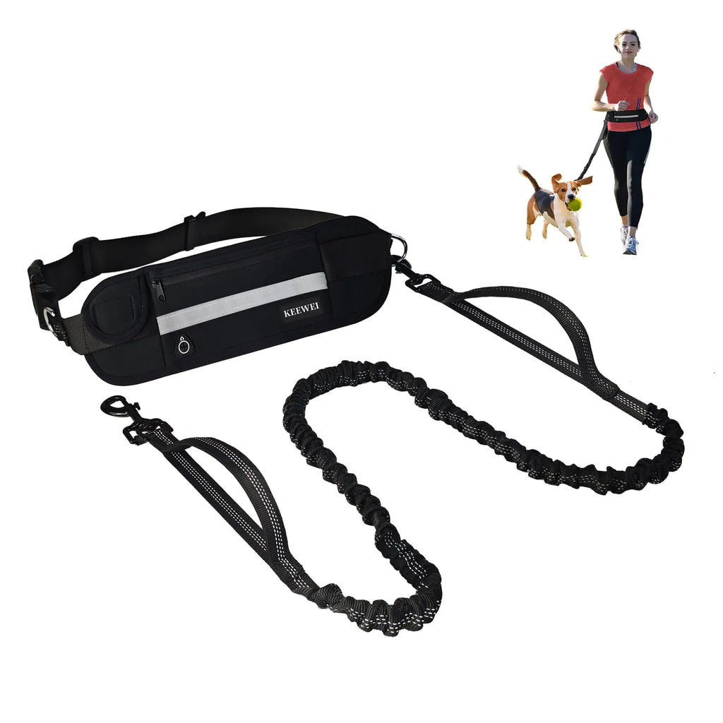 KEEWEI Hands Free Dog Leash with Zipper Pouch Dual Padded Handle Dog Waist Belt Retractable Bungee Leash with Reflective Stictches for Small & Medium Dog Running Walking Jogging Training Black
